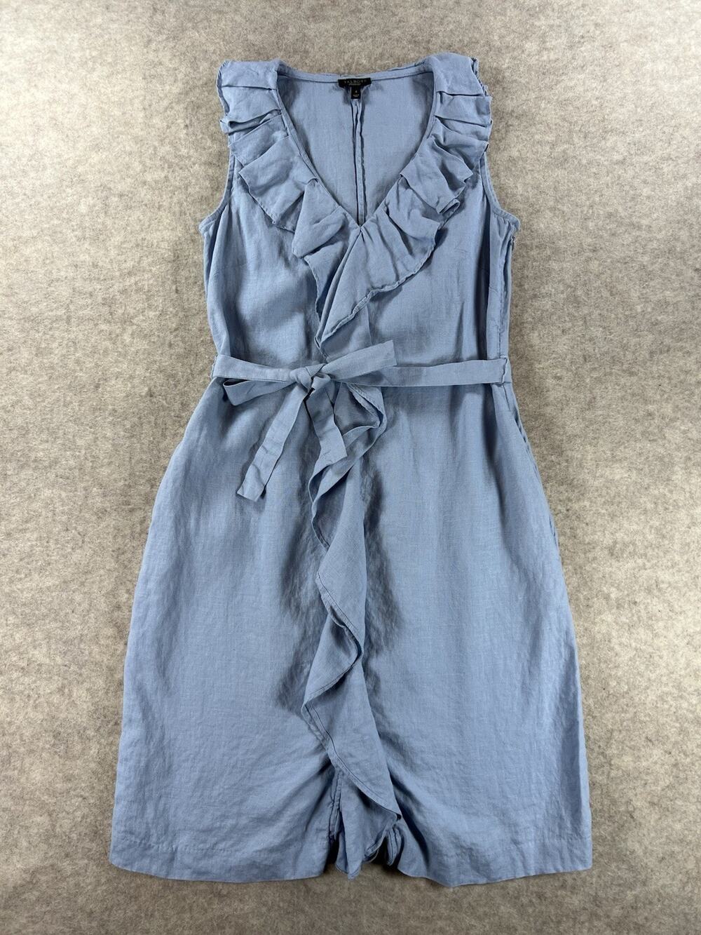 Talbots Light Blue 100% Linen Ruffle V-Neck Belted Sleeveless Dress Size 4
